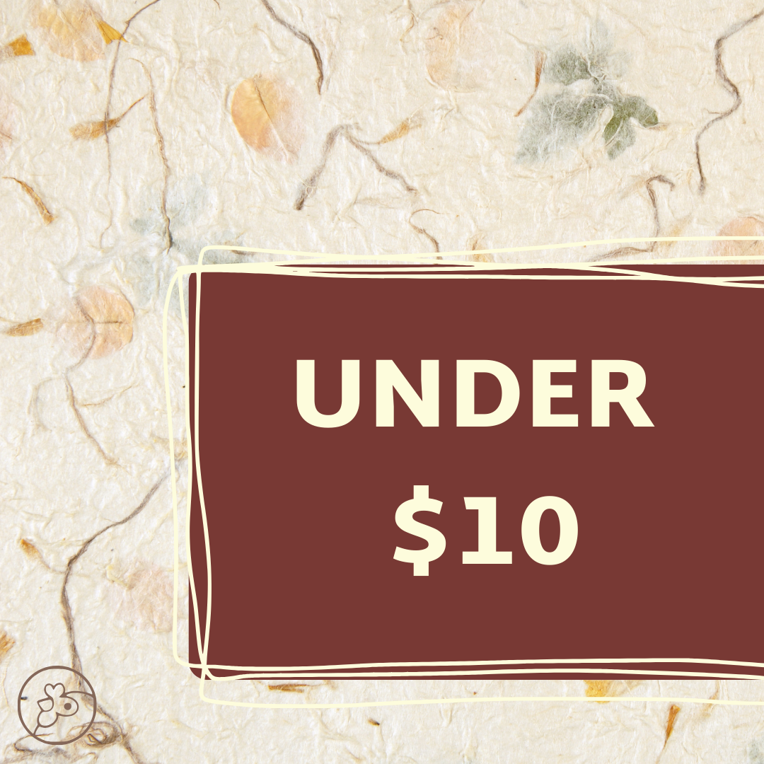 Handmade paper with plants and flowers in it and the title, "Under $10"