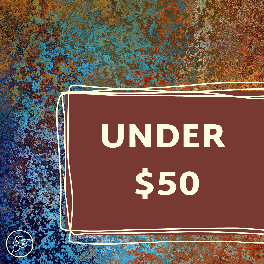 Patina and rusted steel metal in a rainbow pattern with the title, Under $50