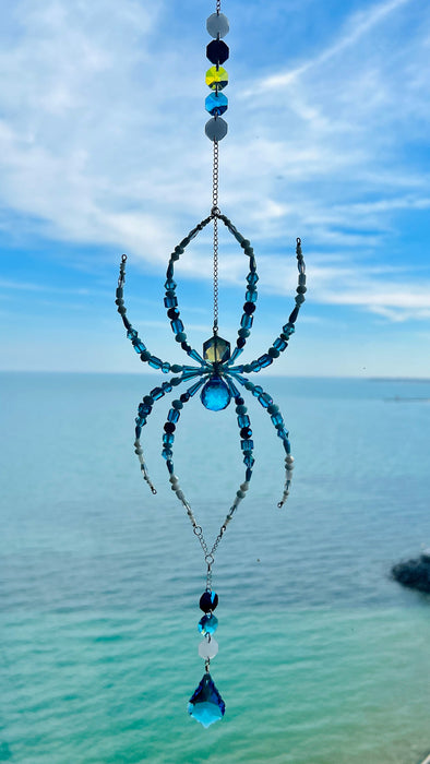 Sea Glass Spider – Blue & Aqua Beaded Spider Suncatcher