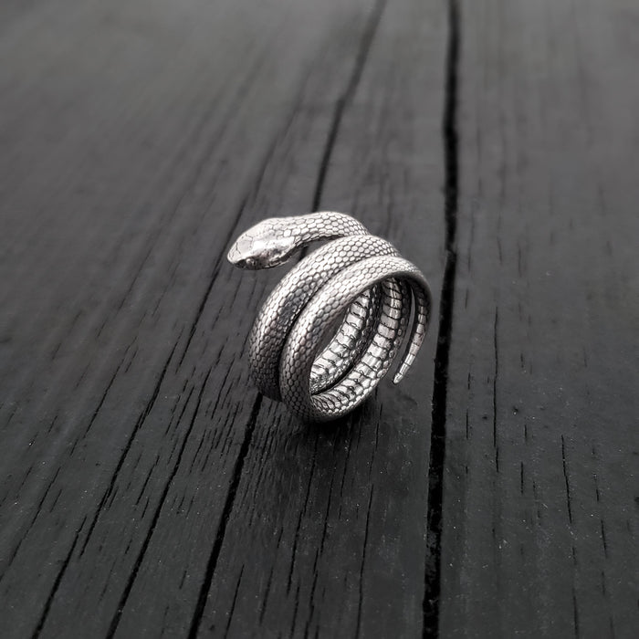 Colubrid Snake Wrap Ring - Solid Hand Cast 925 Sterling Silver - Oxidised Polished Finish - Sizes 4 to 11