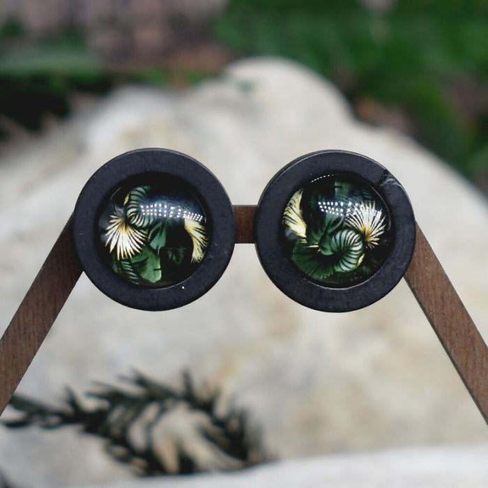 Wood Stud Earrings With Glass Tropical Cabochon #179