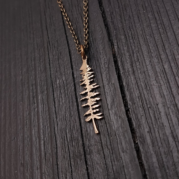 Spruce Tree Silhouette Sitka Charm Pendant Necklace Solid Cast Jeweler's Bronze - Moon Raven Designs