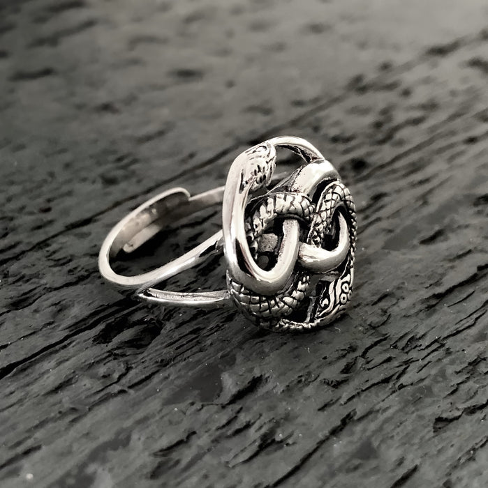 Auryn Snake Ring - .925 Sterling Silver - Polished Oxidized Finish - Adjustable Band - Ouroboros Neverending Story Jewelry Gift - Moon Raven Designs