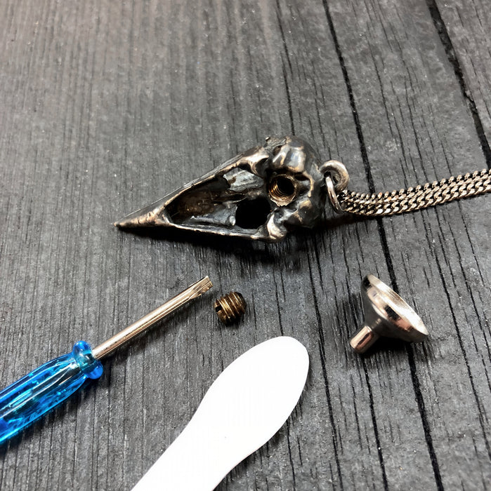 Antique Silver Crow Skull Cremation Urn Pendant Necklace - Solid Hand Cast Anatomically Correct Bird Skull Memorial Keepsake