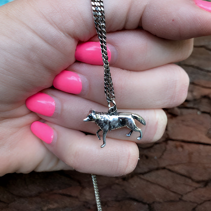 Sterling Silver 3D Grey Wolf Charm Pendant Necklace - Solid Hand Cast 925 - Wolf Jewelry Gift for Her - Multiple Chain Lengths Available