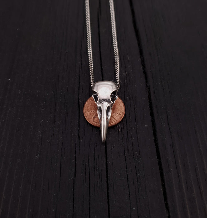 Raven Skull Necklace - Solid Cast 925 Sterling Silver - Polished Finish - Unisex Bird Skull Gift For Him or Her - Multiple Chain Options