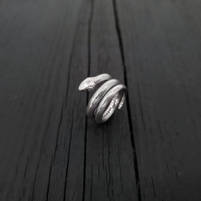Colubrid Snake Wrap Ring - Solid Hand Cast 925 Sterling Silver - Oxidised Polished Finish - Sizes 4 to 11