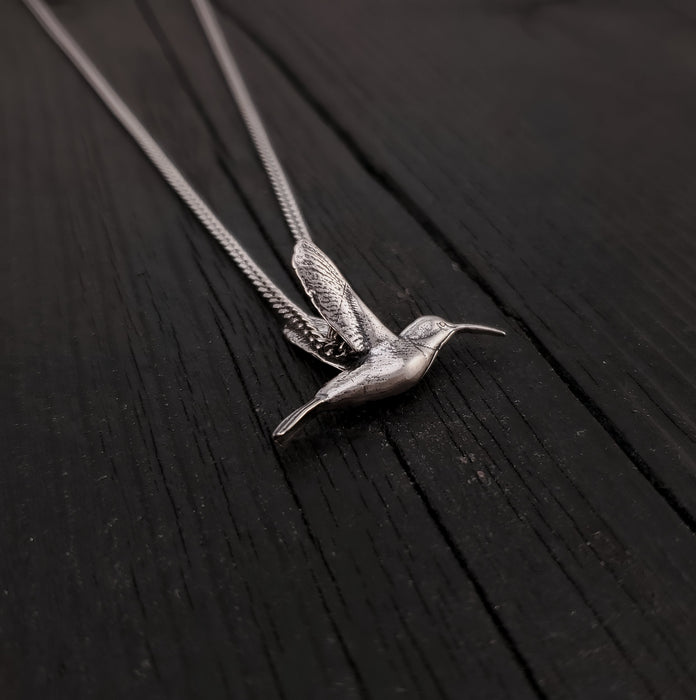 Hummingbird Charm Pendant Necklace - Solid Hand Cast 925 - Oxidized Polished Finish - Three dimensional Detail - Multiple Chain Lengths