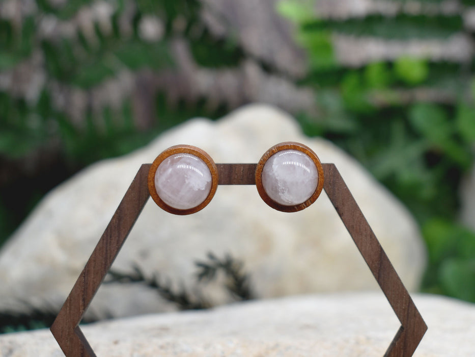 Wood Stud Earrings With Rose Quartz #135