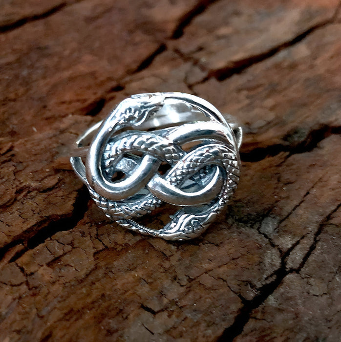 Auryn Snake Ring - .925 Sterling Silver - Polished Oxidized Finish - Adjustable Band - Ouroboros Neverending Story Jewelry Gift - Moon Raven Designs