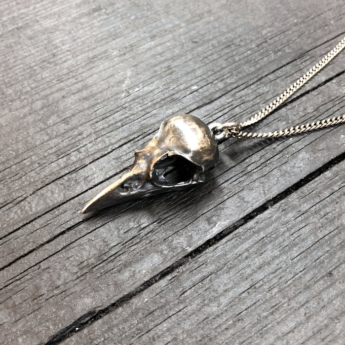 Antique Silver Crow Skull Cremation Urn Pendant Necklace - Solid Hand Cast Anatomically Correct Bird Skull Memorial Keepsake