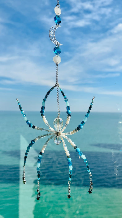 Moonlit Tide Spider – Blue Celestial Beaded Suncatcher