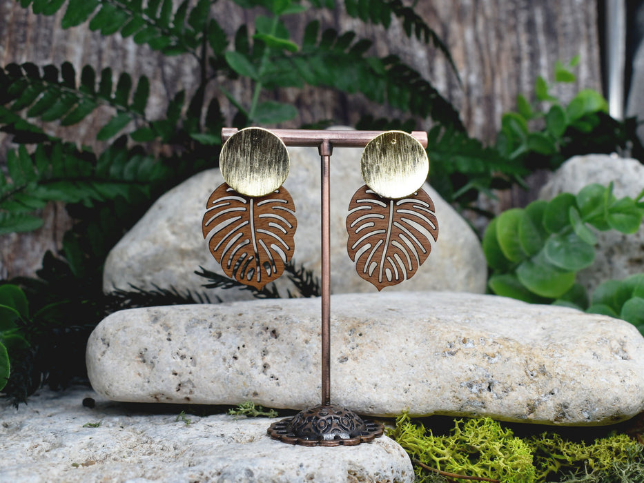 Wood Dangle Earrings in Shape of Monstera Leaf #463