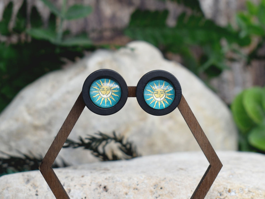 Wood Stud Earrings With Glass Cabochon #180