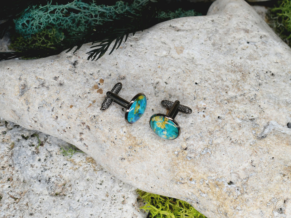 Black Steel Cufflinks with Abstract Glass #230