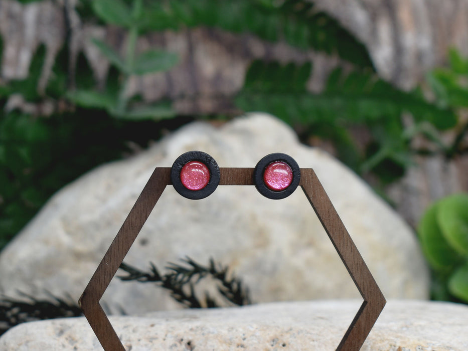 Wood Stud Earrings With Resin Chameleon Cabochon #231
