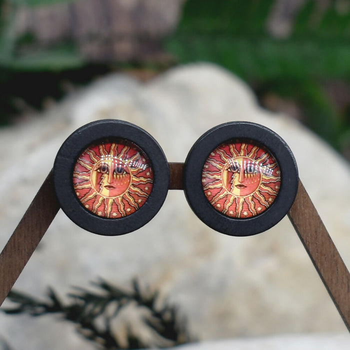Wood Stud Earrings With Glass Sun Cabochon #187