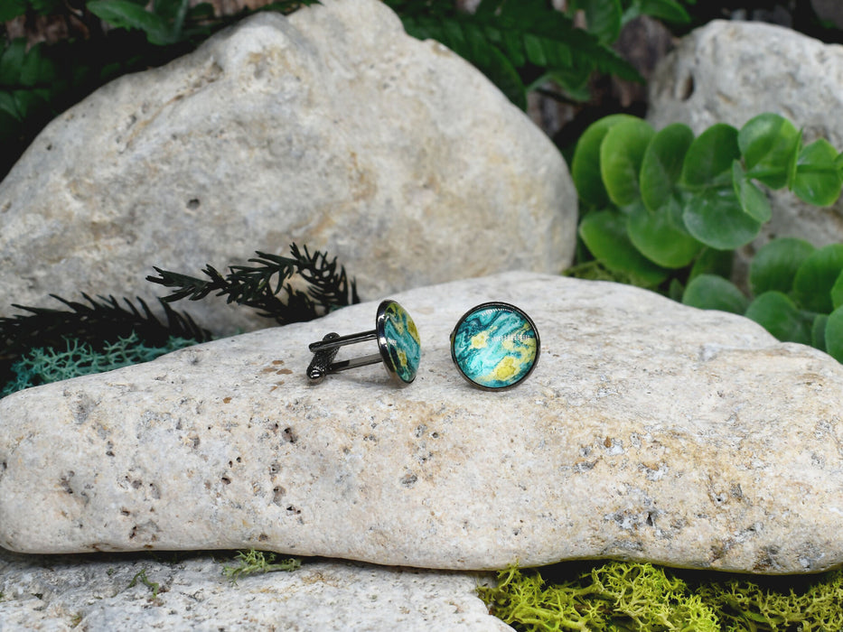 Black Steel Cufflinks with Abstract Glass #199