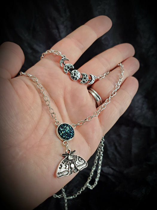 Silver Moth Moon Phase layered Necklace, Silver Chain Necklace