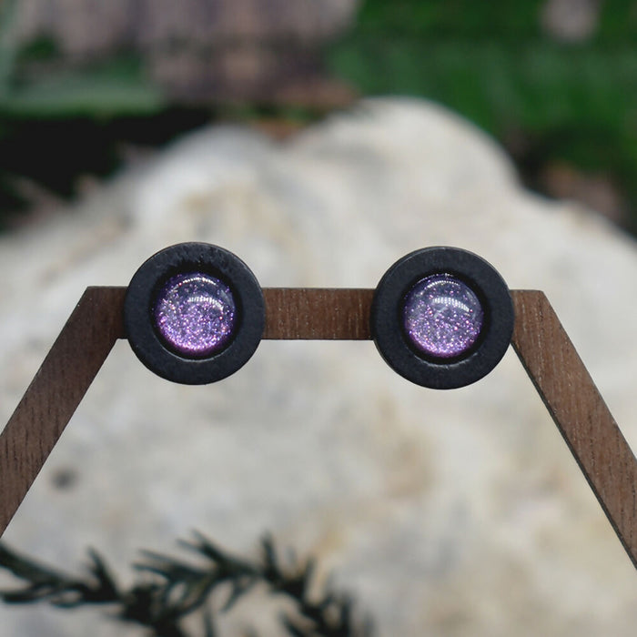 Wood Stud Earrings With Resin Chameleon Cabochon #233