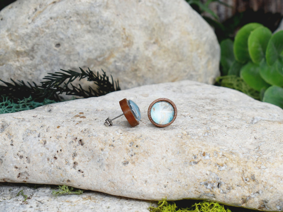 Wood Stud Earrings With Resin Cabochon #376