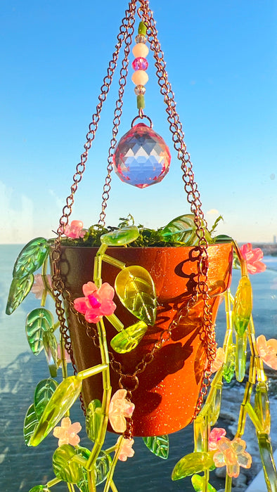 Floral Leafy ‘Forever’ Plant Suncatcher with Glass Prisms & Spinner