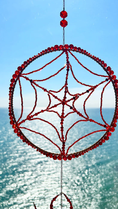 Crimson Web Weaver – Beaded Spider & Web Suncatcher
