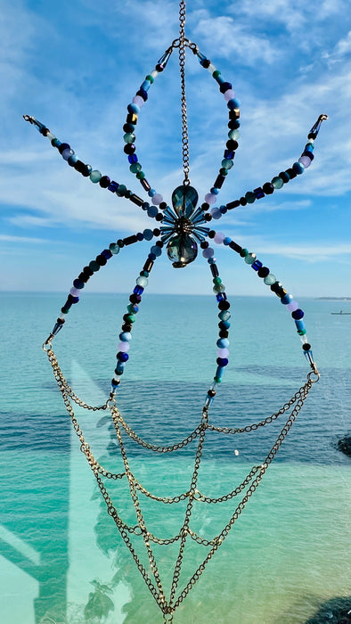 Midnight Aurora Web – Beaded Spider Suncatcher