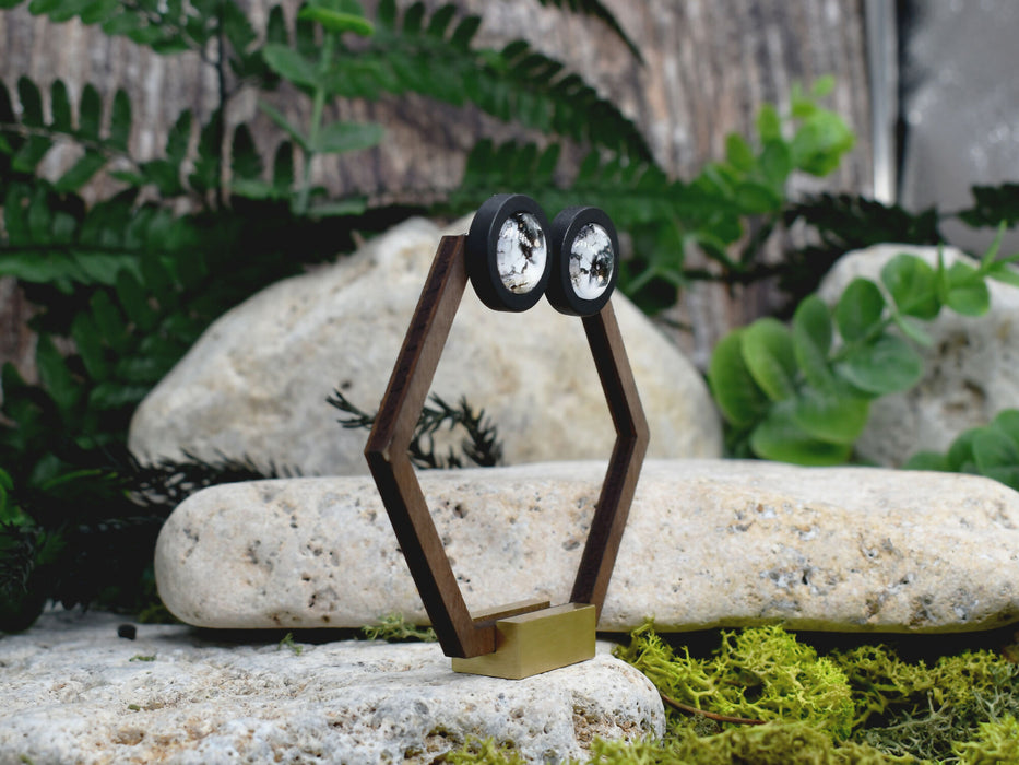 Wood Stud Earrings With Glass Cabochon #236