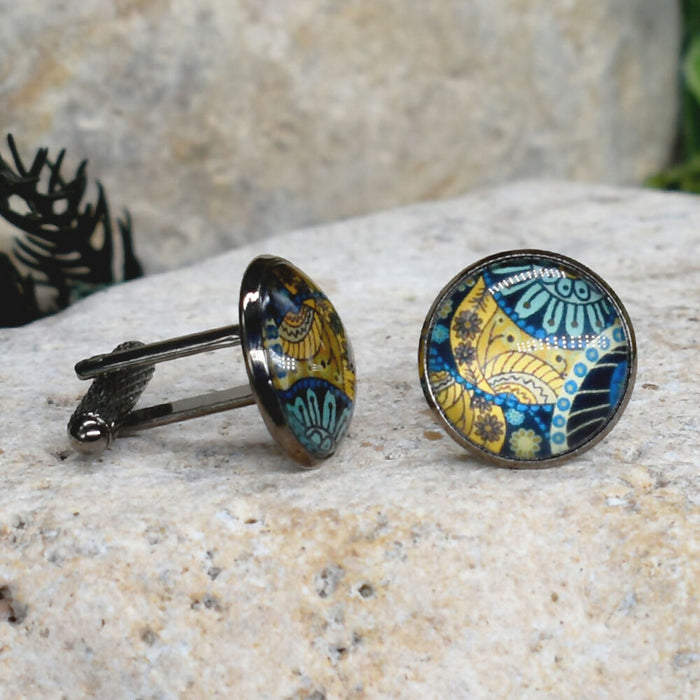 Black Steel Cufflinks with Abstract Glass #221