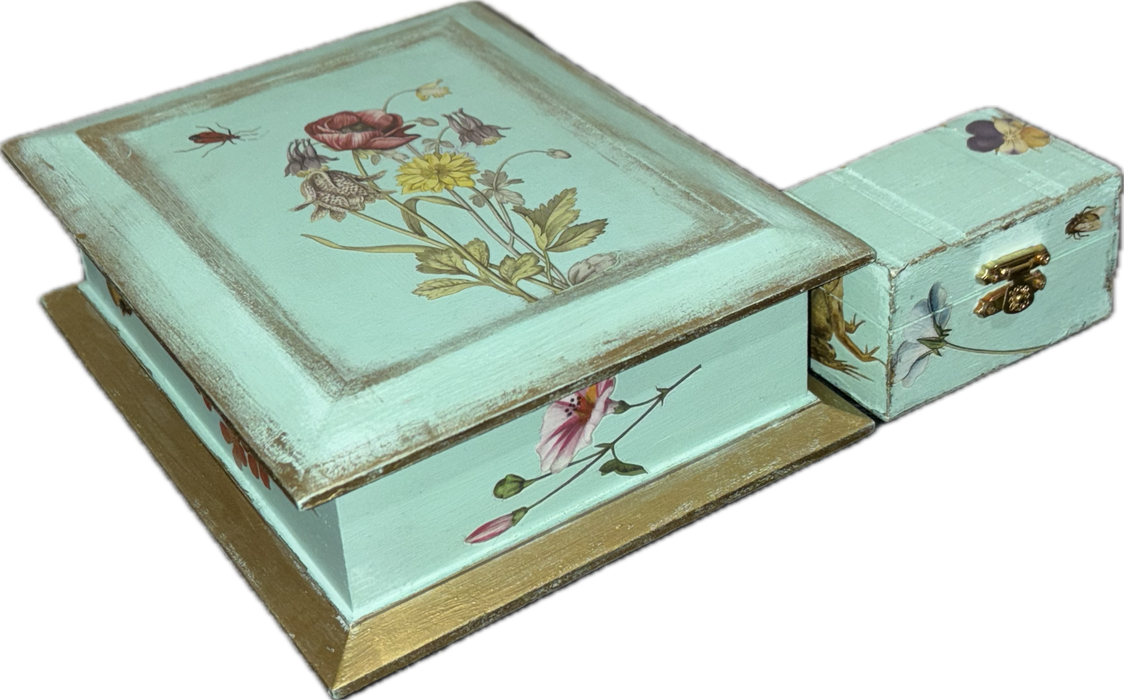 Mint Green Floral Vintage Musical Jewelry Box with Gold Trim +