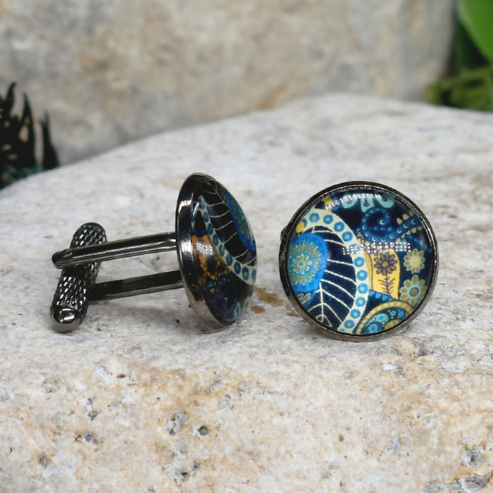 Black Steel Cufflinks with Abstract Glass #215
