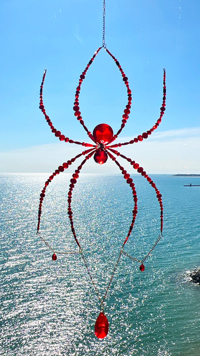 Crimson Web Beaded Spider Suncatcher