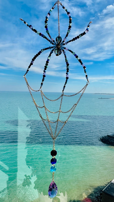 Midnight Aurora Web – Beaded Spider Suncatcher