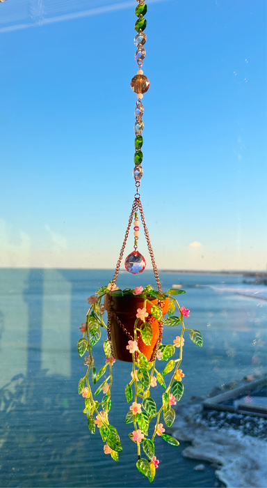 Floral Leafy ‘Forever’ Plant Suncatcher with Glass Prisms & Spinner