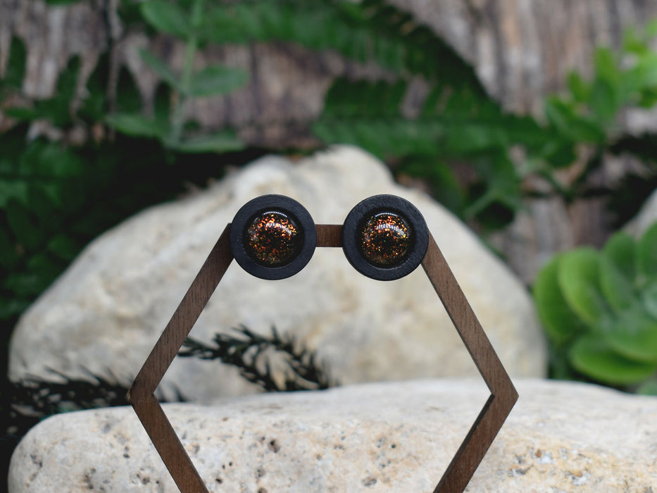 Wood Stud Earrings With Resin Chameleon Cabochon #259