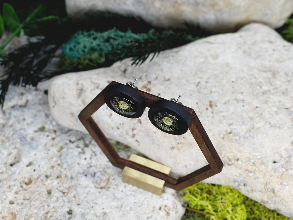 Wood Stud Earrings With Glass Cabochon #171