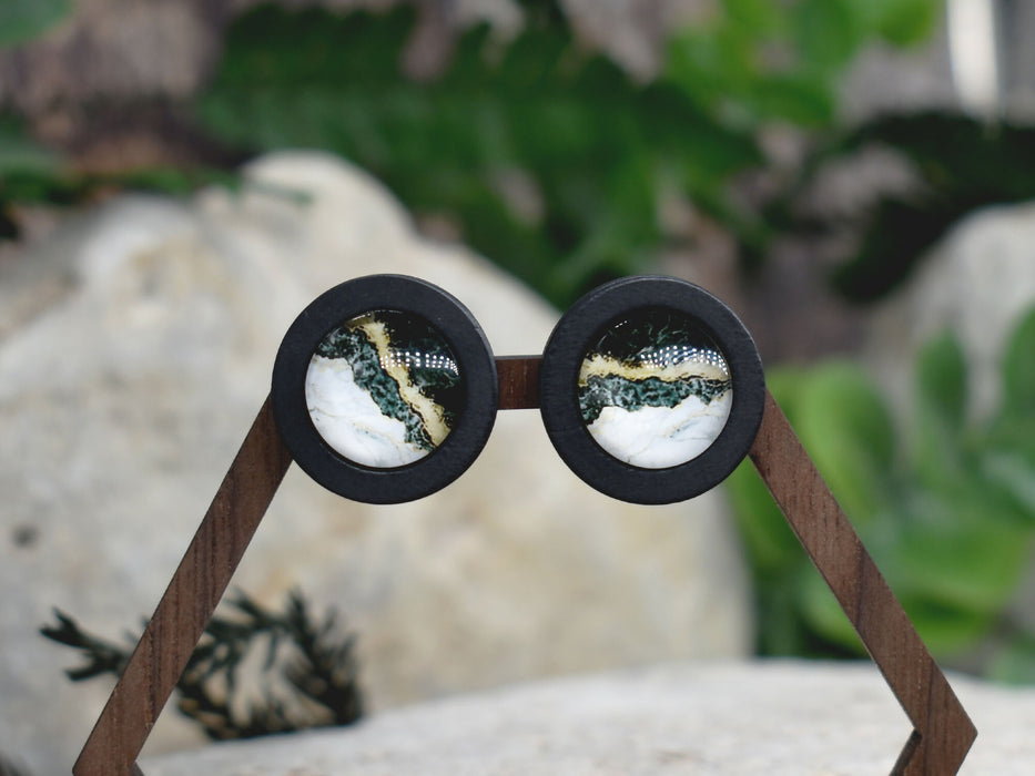 Wood Stud Earrings With Glass Marble Cabochon #166