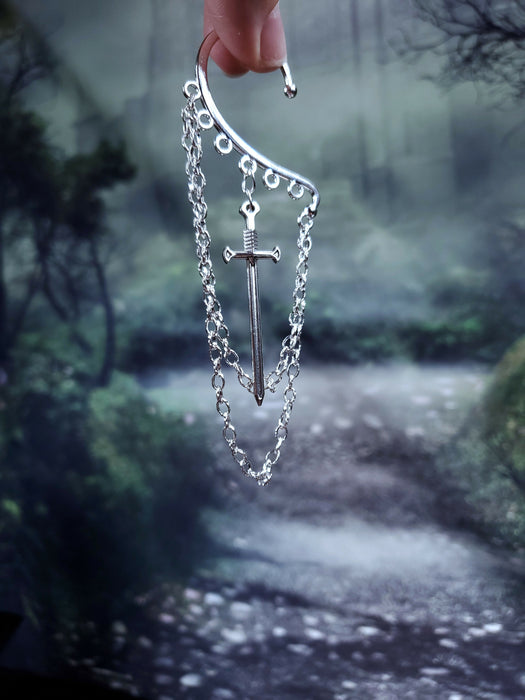 Sword Ear Cuff - Gold and Bronze or Silver - Ear Hanger Earrings - Sword Ear Wrap - Dangle Chain Earring Cuff
