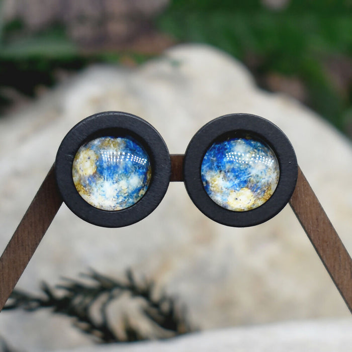 Wood Stud Earrings With Glass Mercury Cabochon #182