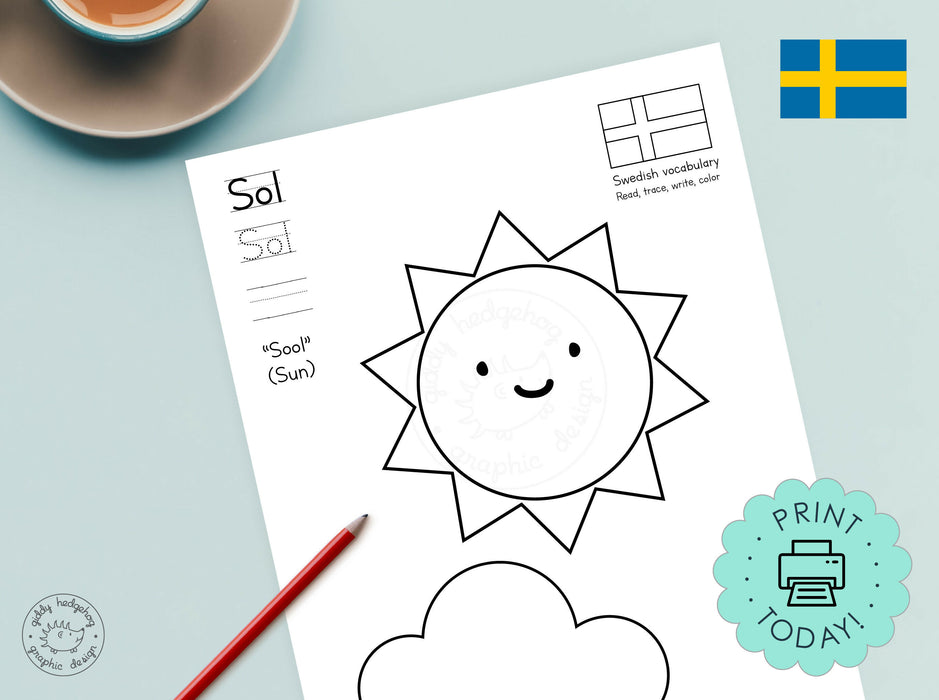 DIY Printable Swedish Summer Coloring Pages to Learn the Language of Sweden, Instant Download