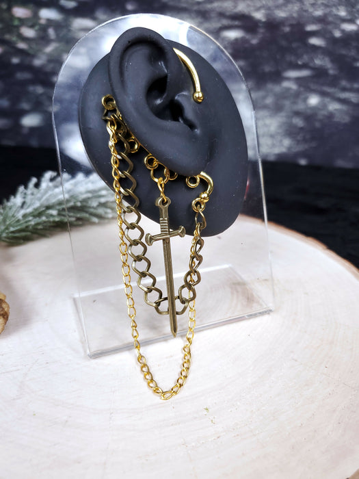Sword Ear Cuff - Gold and Bronze or Silver - Ear Hanger Earrings - Sword Ear Wrap - Dangle Chain Earring Cuff