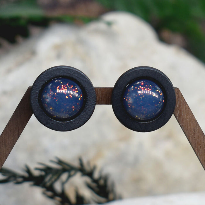 Wood Stud Earrings With Glass Cabochon #181