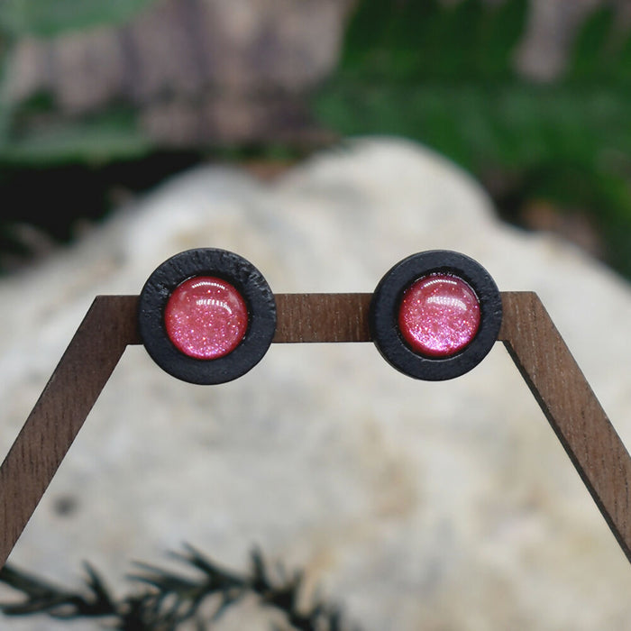Wood Stud Earrings With Resin Chameleon Cabochon #231