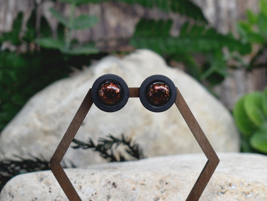 Wood Stud Earrings With Resin Chameleon Cabochon #226