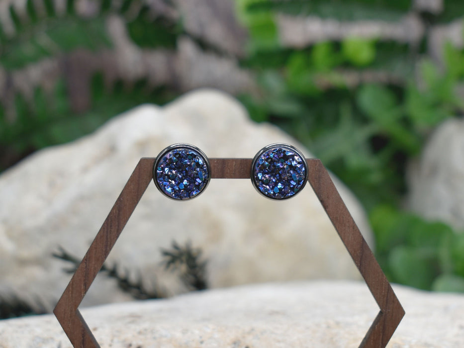 Black Stud Earrings With Resin Druzy #122