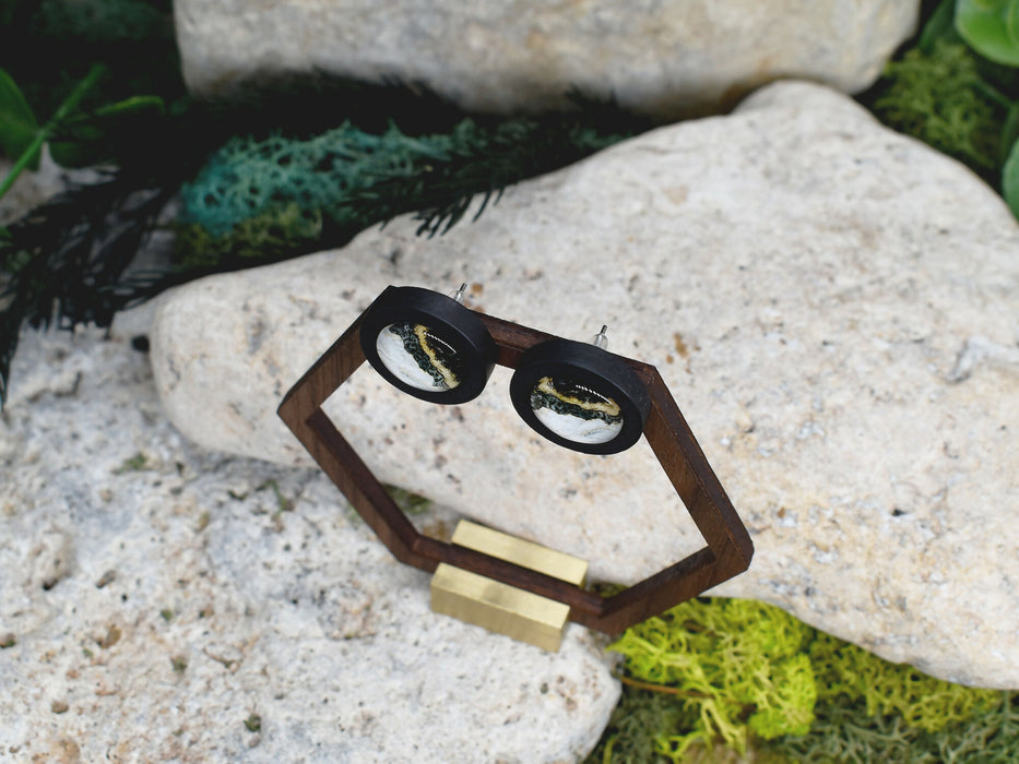 Wood Stud Earrings With Glass Marble Cabochon #166