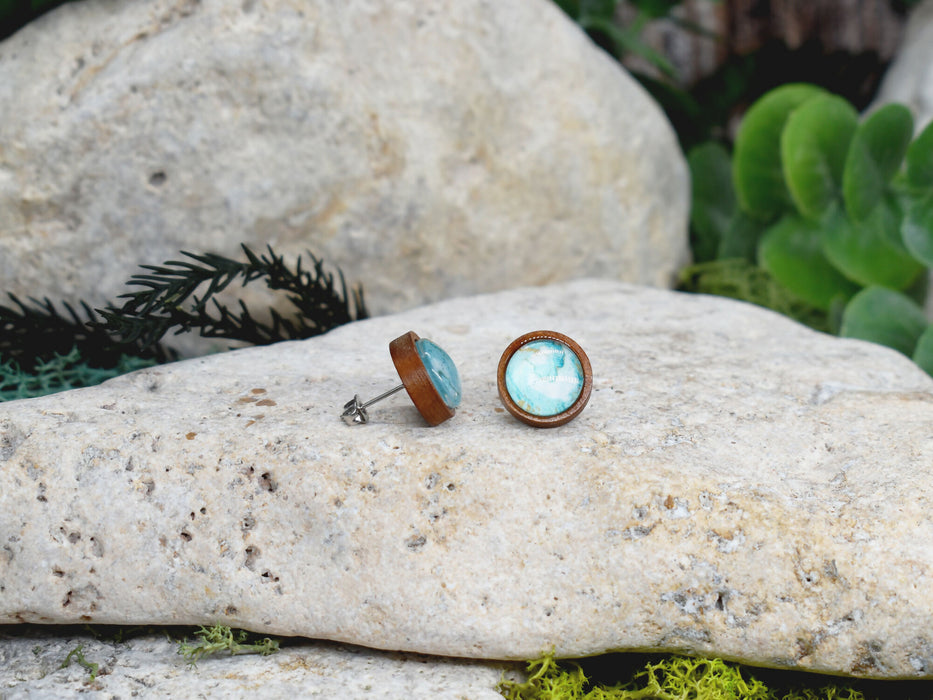 Wood Stud Earrings With Resin Cabochon #379