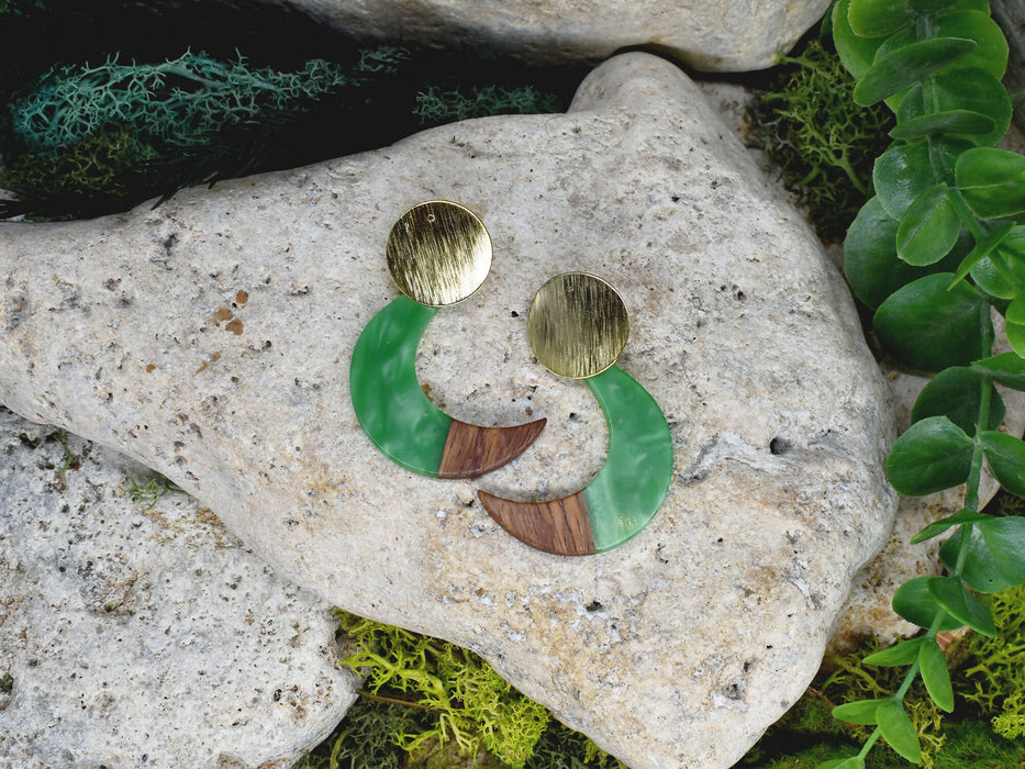 Wood Dangle Earrings with Moon Resin #467