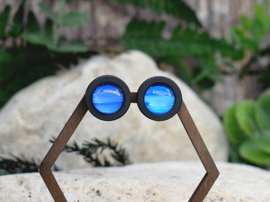 Wood Stud Earrings With Glass Neptune Cabochon #199